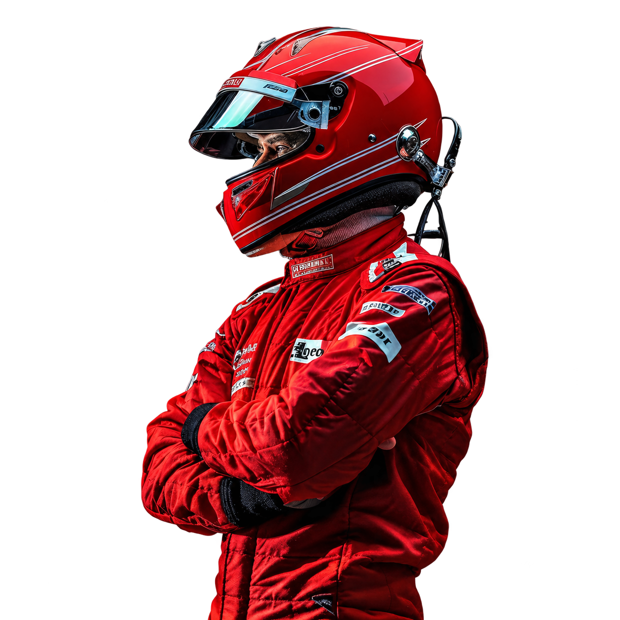Motorsport driver in a red racing suit and helmet